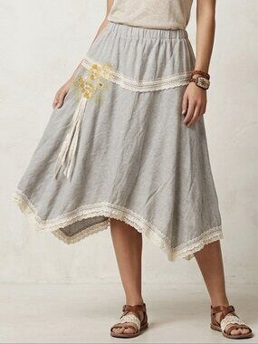 VINTAGE JOHNNY WAS Embroidered Crochet Pull On Skirt Medium Boho Folk Festival